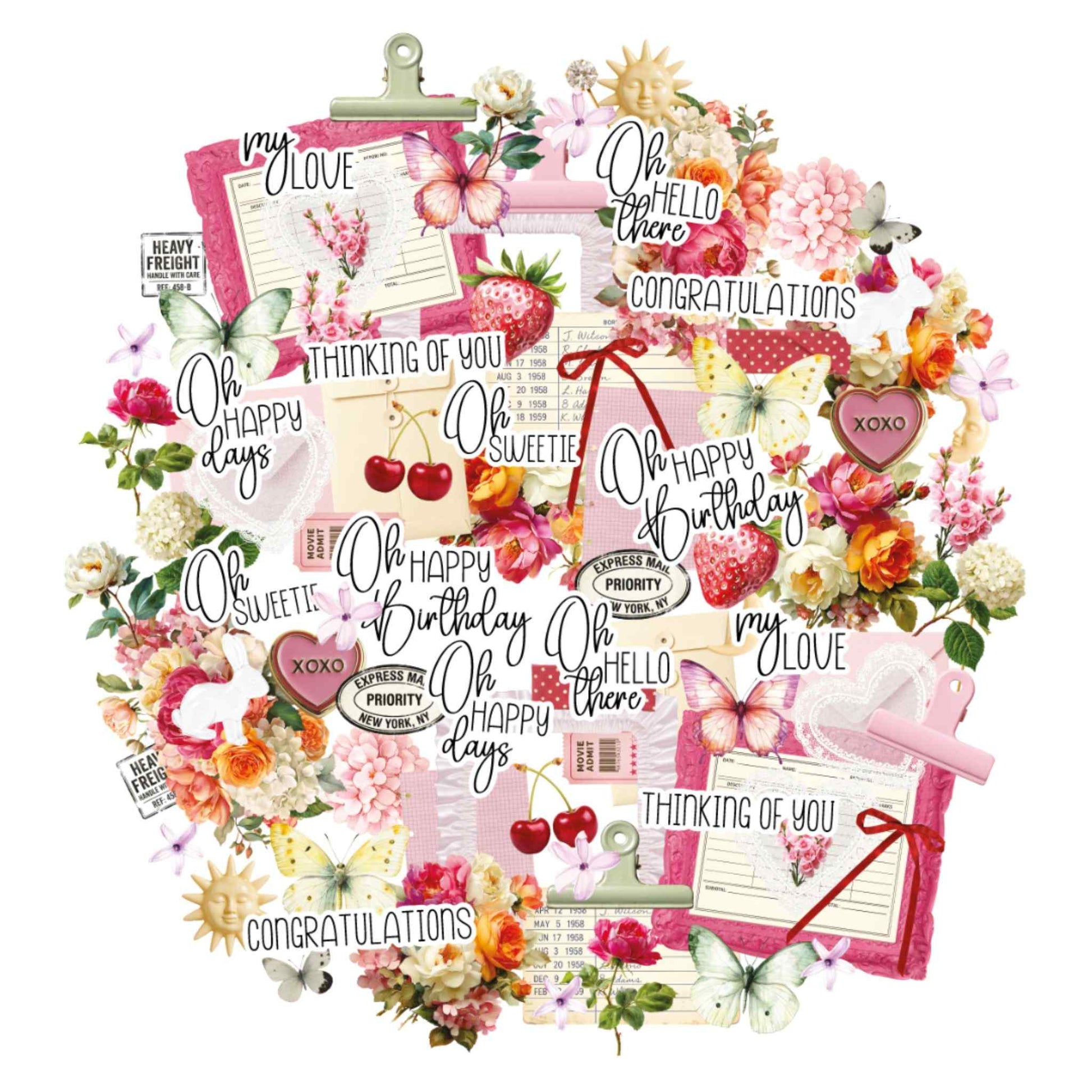 Uniquely Creative Oh So Lovely Creative Cuts showing a large cluster of pre-cut 300gsm die cut elements including watercolour florals, butterflies, cherries, strawberries, vintage library cards, clipboards, movie tickets, postage stamps, candy hearts and sentiments including Oh Happy Days, Thinking of You, Congratulations and Oh Happy Birthday