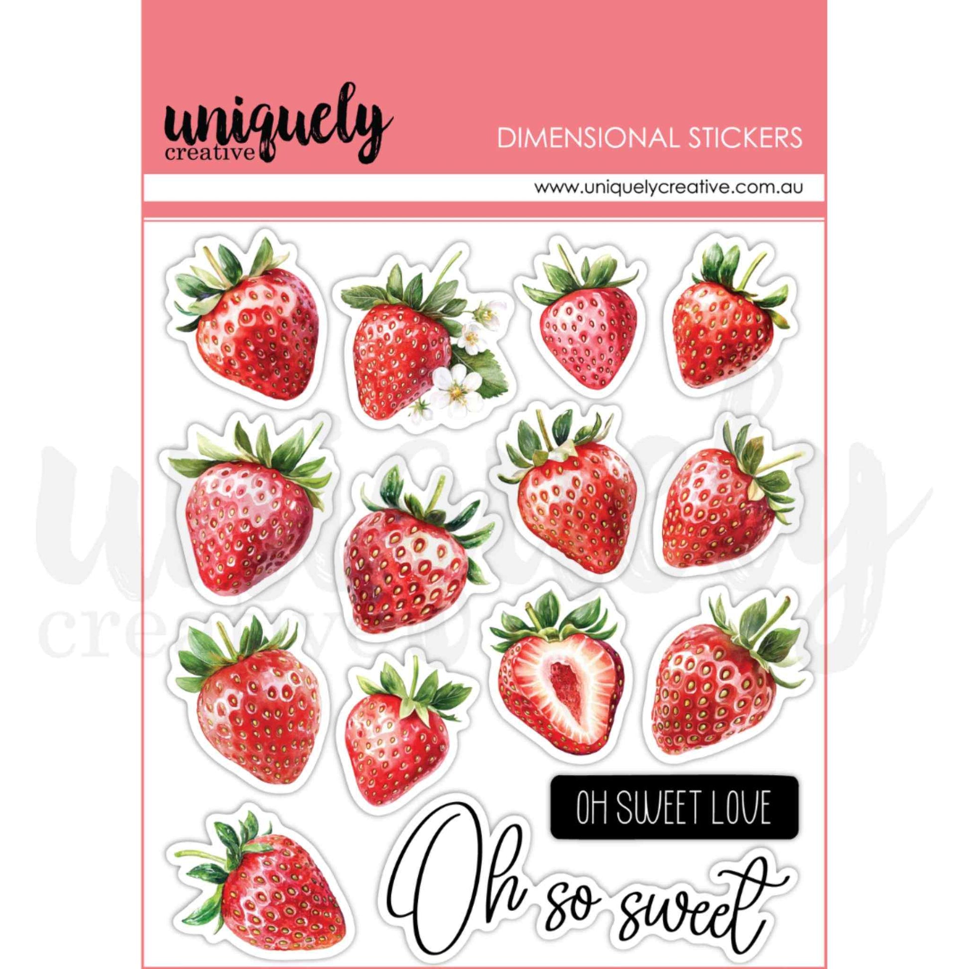 Uniquely Creative Oh So Lovely Dimensional Stickers sheet showing 12 watercolour strawberry stickers in various sizes and angles including whole, halved and with blossoms, plus Oh Sweet Love and Oh So Sweet sentiment stickers