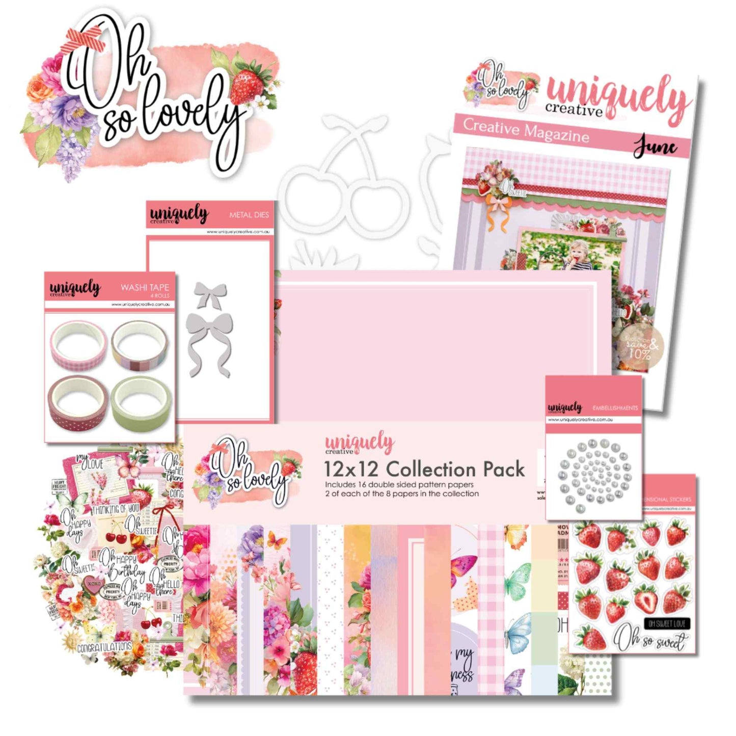 Uniquely Creative Oh So Lovely June Creative Kit contents flatlay showing the 12x12 Collection Pack, Creative Cuts, Dimensional Stickers, Washi Tape Combo, Fruity Fun Overlays, Classic Bows Die, Iridescent Pearls and June Creative Magazine