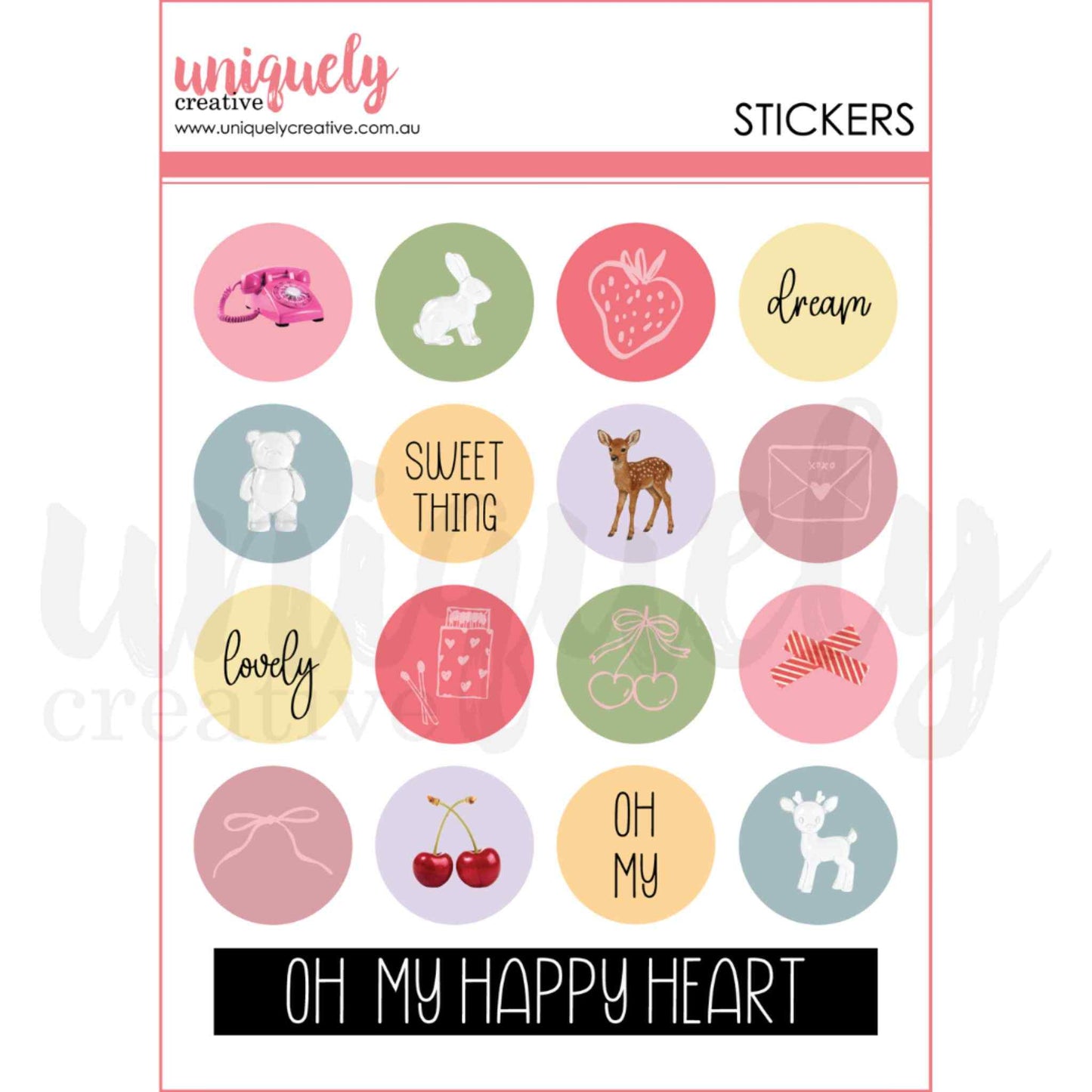Uniquely Creative Oh So Lovely Little Happy Things Chipboard Stickers sheet showing 16 circular 1 inch stickers with illustrated designs including a pink telephone, bunny, fawn, cherries, strawberry and sentiments Dream, Sweet Thing, Lovely and Oh My on soft pastel backgrounds