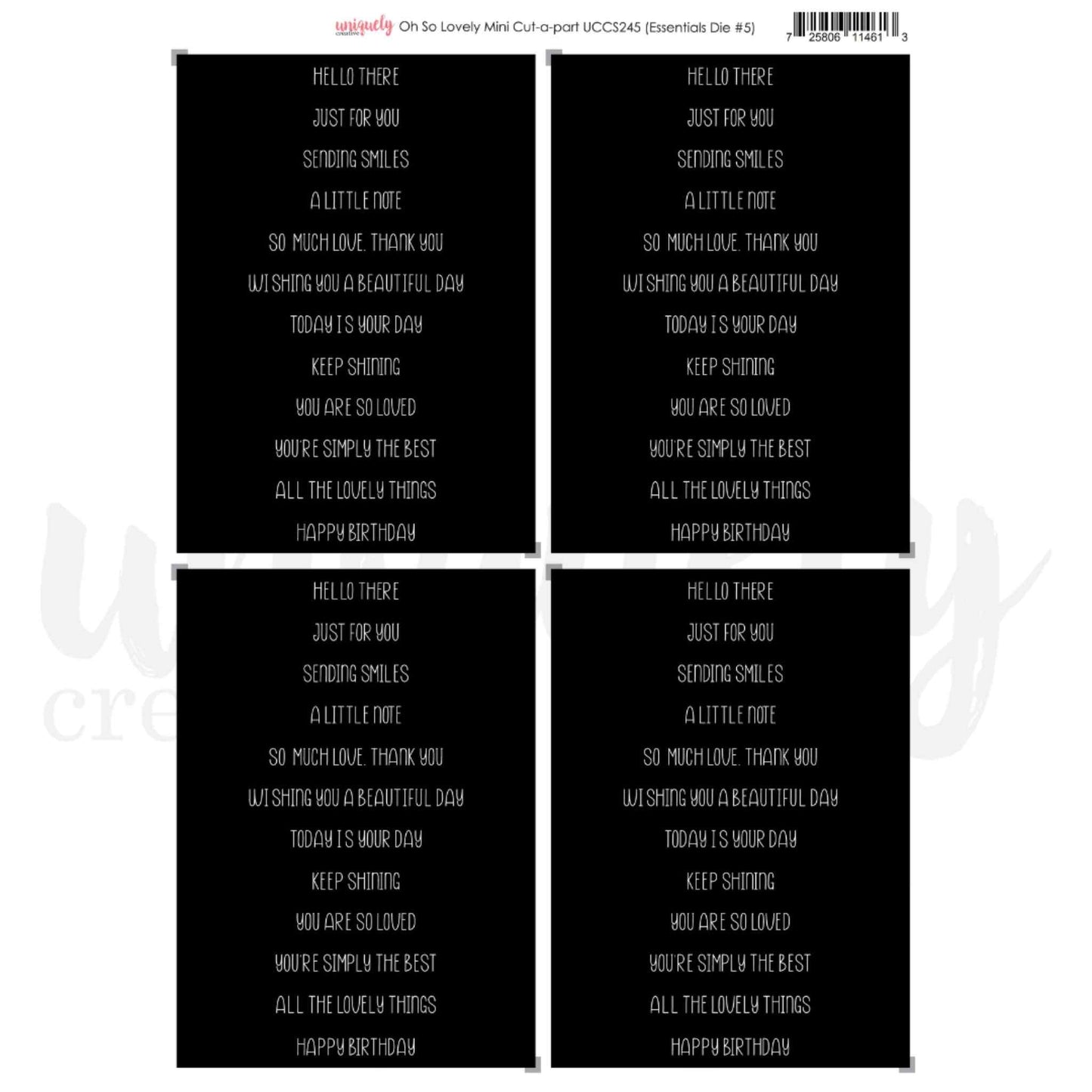 Uniquely Creative Oh So Lovely Mini Cut-a-Part sheet showing four identical panels of 12 white hand-lettered sentiments on a black background including Hello There, Happy Birthday, You Are So Loved and more