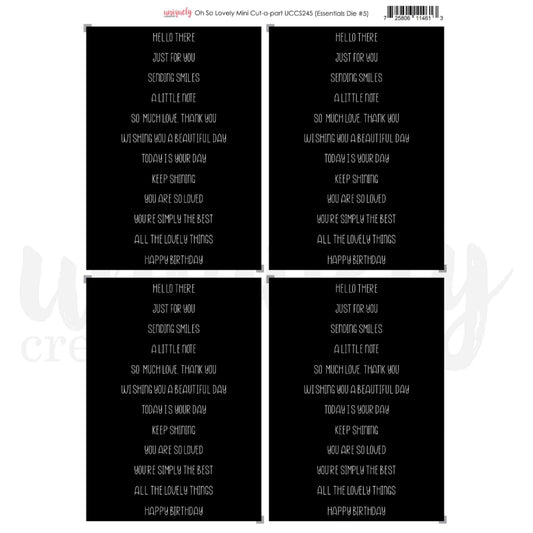 Uniquely Creative Oh So Lovely Mini Cut-a-Part sheet showing four identical panels of 12 white hand-lettered sentiments on a black background including Hello There, Happy Birthday, You Are So Loved and more