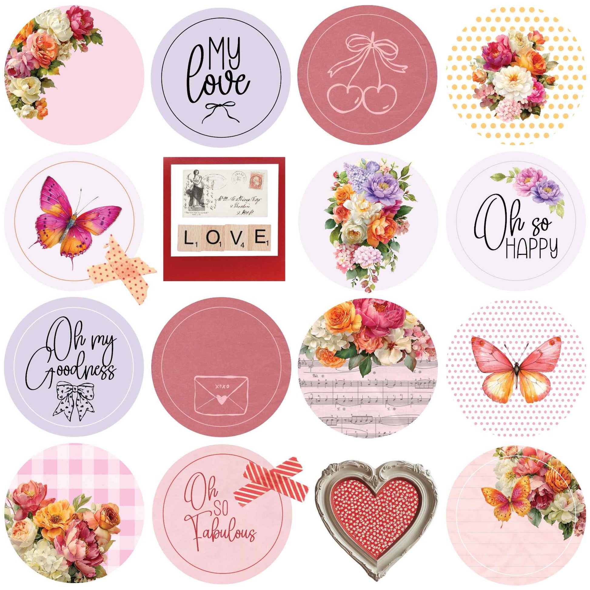 Front side of Uniquely Creative Oh So Lovely Oh Happy Days 12x12 paper featuring 16 circular designs including florals, butterflies, sentiments and vintage ephemera for fussy cutting or use with circle dies