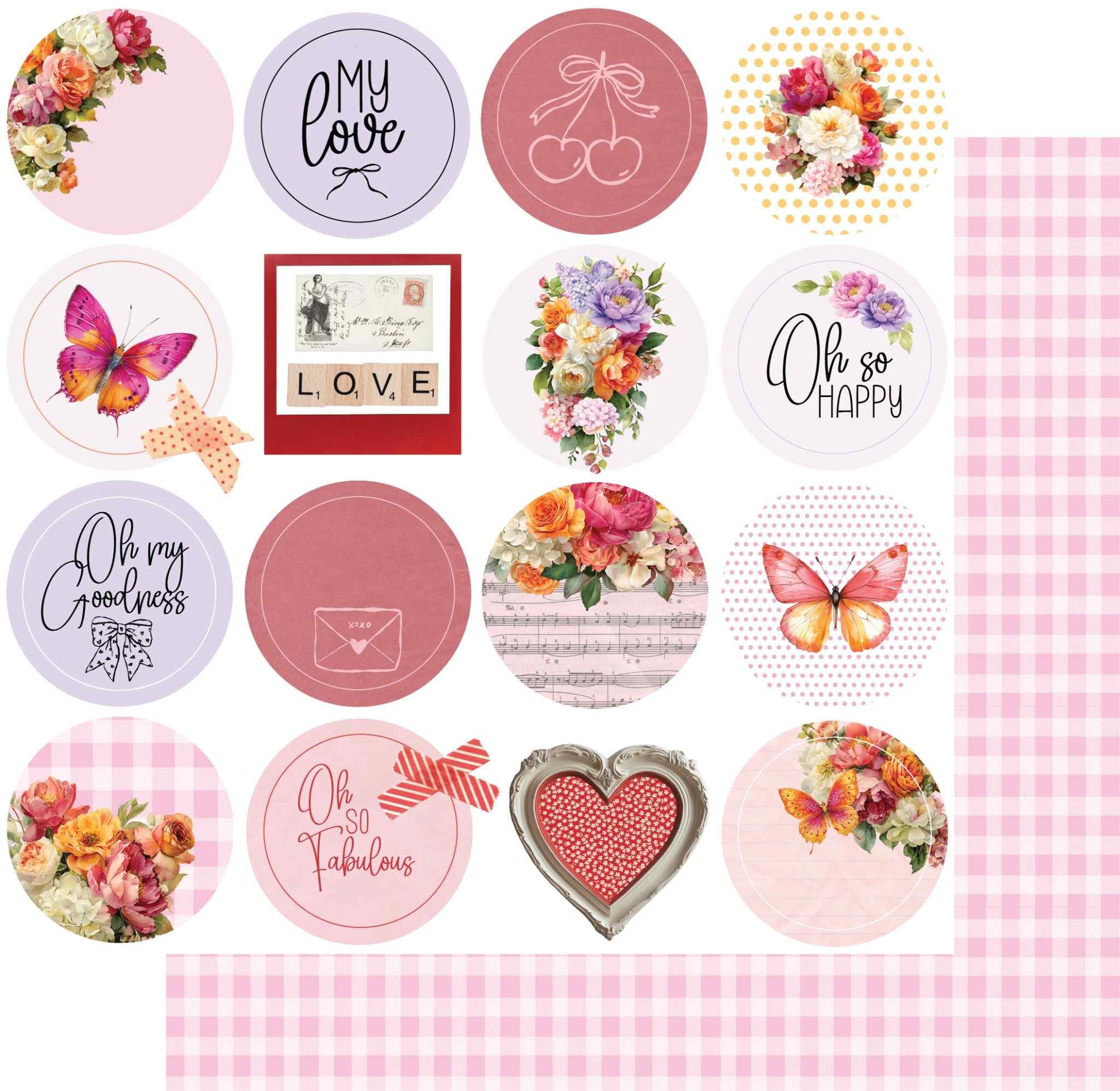 Uniquely Creative Oh So Lovely Oh Happy Days 12x12 paper stack showing front with circular designs and a glimpse of the pink gingham reverse