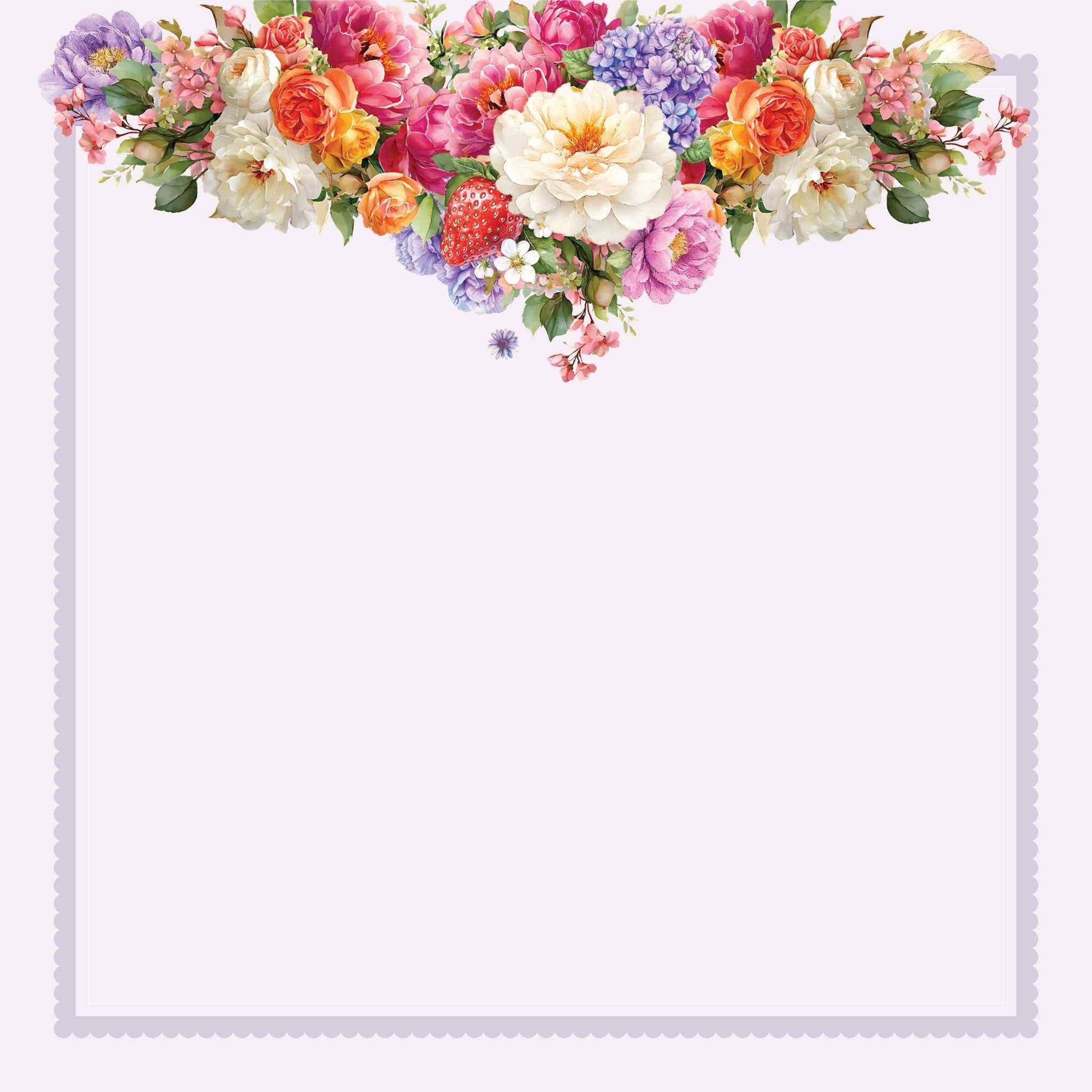 Front side of Uniquely Creative Oh So Lovely Oh Hello There 12x12 paper featuring a soft blush background with a delicate scallop border frame and a lush watercolour floral header of peonies, roses, hydrangeas, orange blooms and strawberry across the top