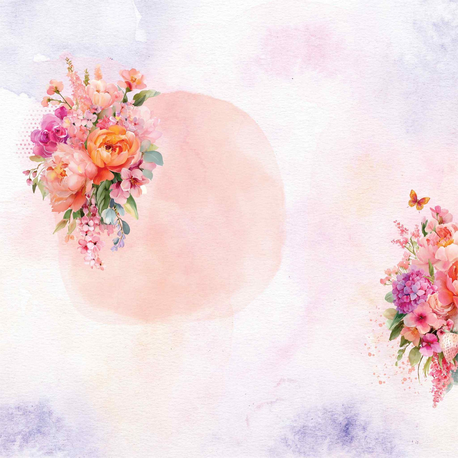 Reverse side of Uniquely Creative Oh So Lovely Oh Hello There 12x12 paper showing a watercolour wash in blush, peach and lavender with a large soft peach circle, two vibrant floral clusters in pinks, oranges and purples, and a butterfly