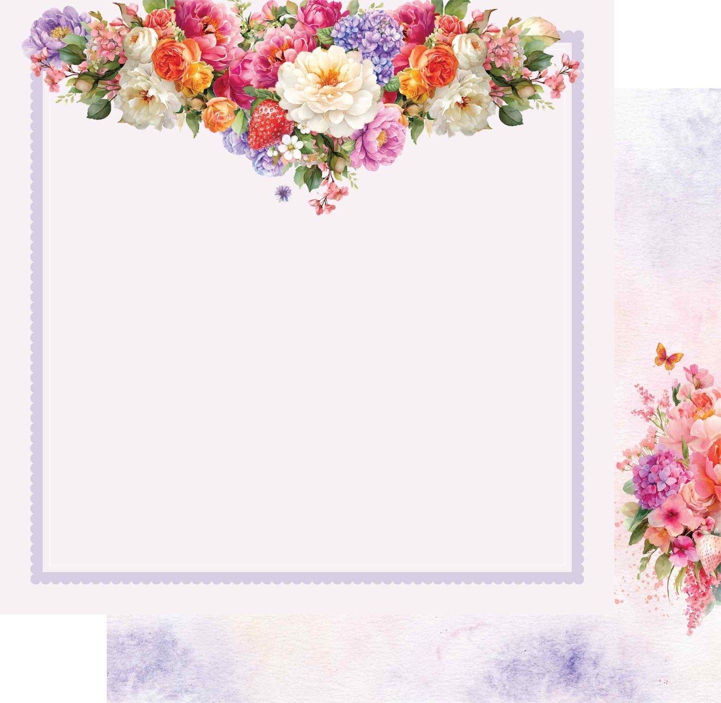 Uniquely Creative Oh So Lovely Oh Hello There 12x12 paper stack showing scallop frame floral header front and a glimpse of the watercolour peach circle reverse