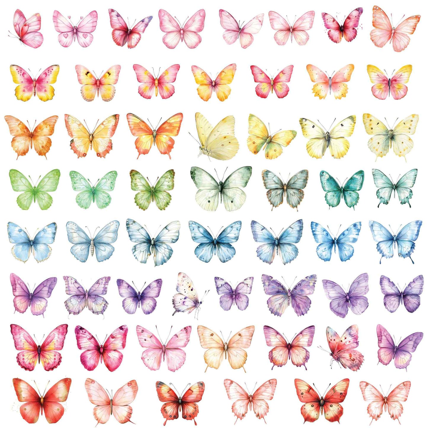 Front side of Uniquely Creative Oh So Lovely Oh Lovely 12x12 paper featuring rows of watercolour butterflies in rainbow colours including pink, yellow, orange, green, blue, purple and red on white background