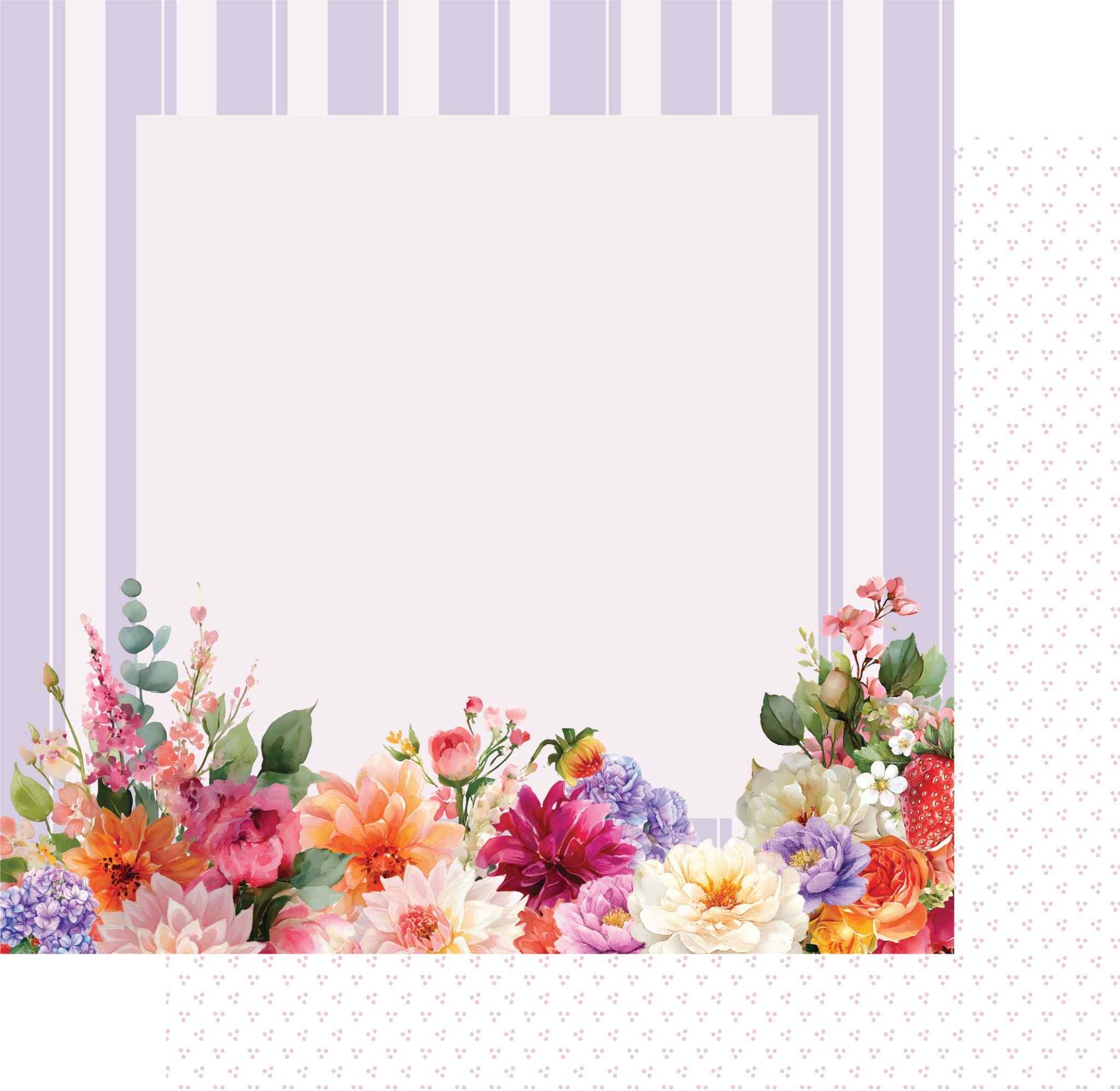 Uniquely Creative Oh So Lovely Oh My Stars 12x12 paper stack showing lavender stripe frame front with watercolour floral border and a glimpse of the delicate dotty pattern reverse