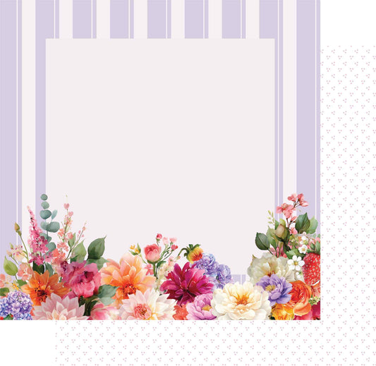 Uniquely Creative Oh So Lovely Oh My Stars 12x12 paper stack showing lavender stripe frame front with watercolour floral border and a glimpse of the delicate dotty pattern reverse