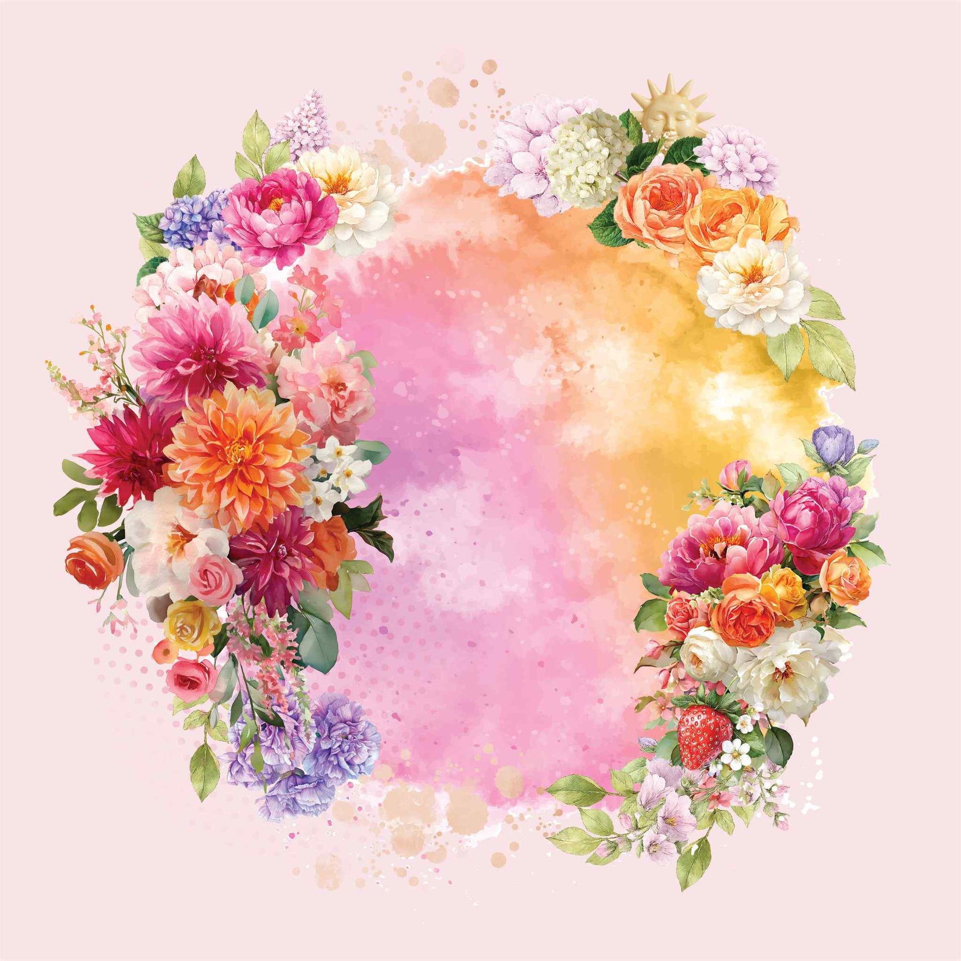 Front side of Uniquely Creative Oh So Lovely Oh Pretty Thing 12x12 paper featuring a lush watercolour floral wreath with dahlias, peonies, roses, hydrangeas, lavender and strawberry surrounding a glowing pink and golden watercolour centre on a soft blush background