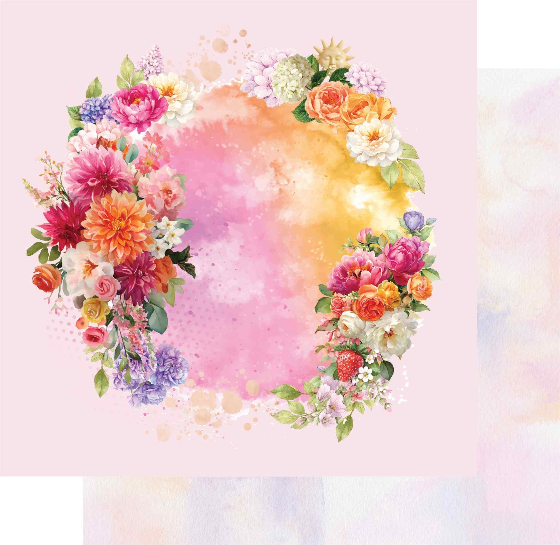 Uniquely Creative Oh So Lovely Oh Pretty Thing 12x12 paper stack showing watercolour floral wreath front and a glimpse of the soft pastel watercolour reverse