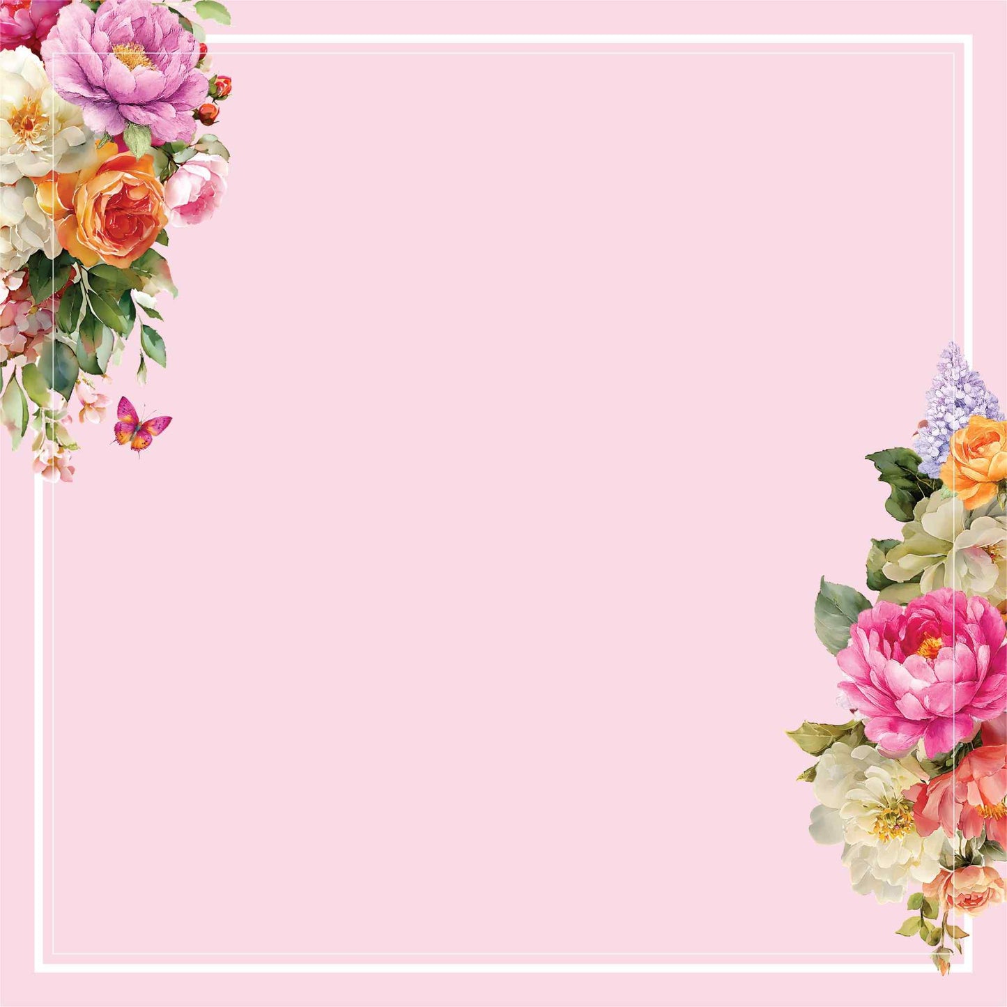 Front side of Uniquely Creative Oh So Lovely Oh Sweetie 12x12 paper featuring a vivid pink background with a white frame and lush watercolour floral clusters in opposite corners including peonies, roses, hydrangeas and orange blooms with a pink butterfly