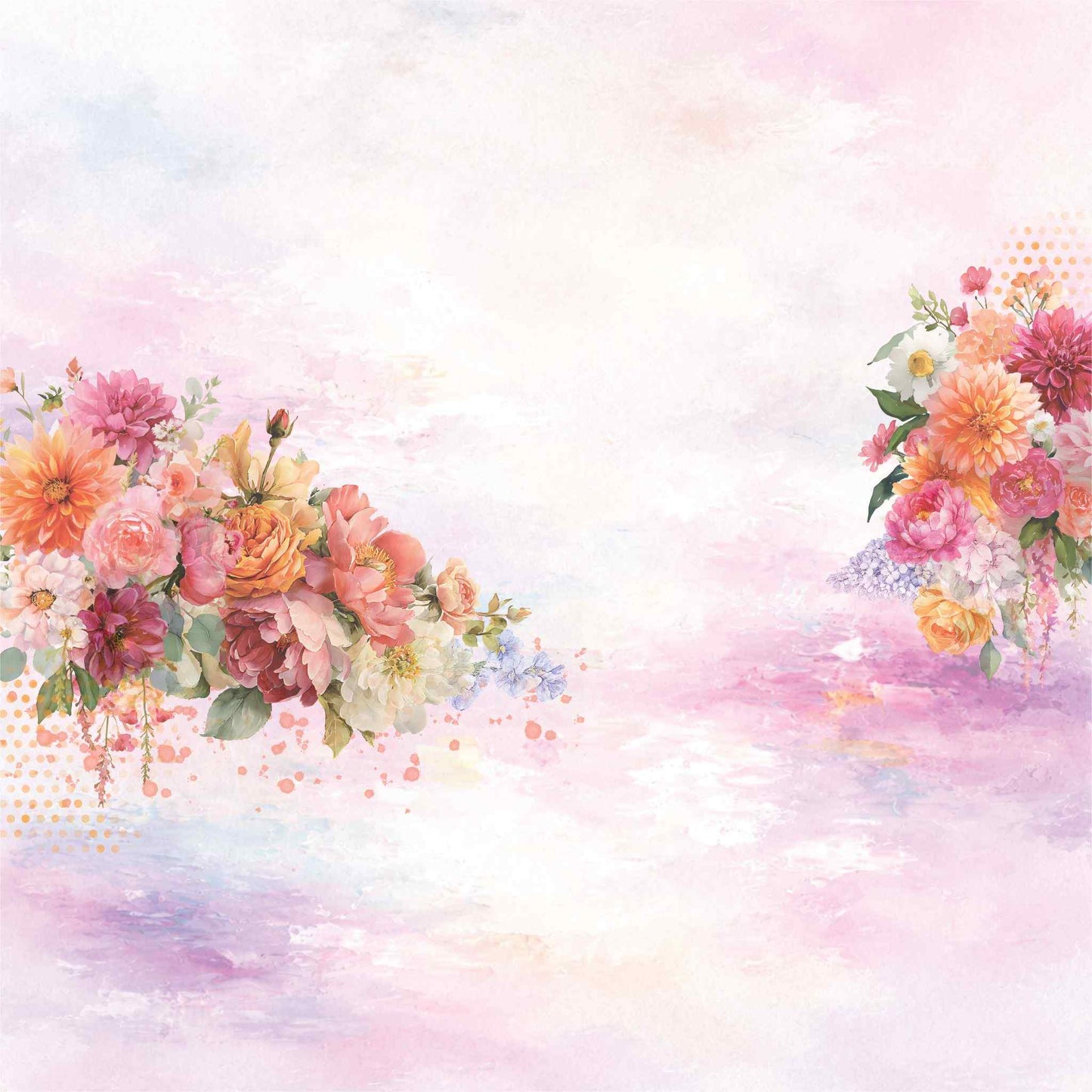 Reverse side of Uniquely Creative Oh So Lovely Oh Sweetie 12x12 paper showing a soft painterly watercolour wash in blush, peach and lavender with two lush floral clusters in warm pinks, peaches, oranges and dahlias with scattered paint splatters