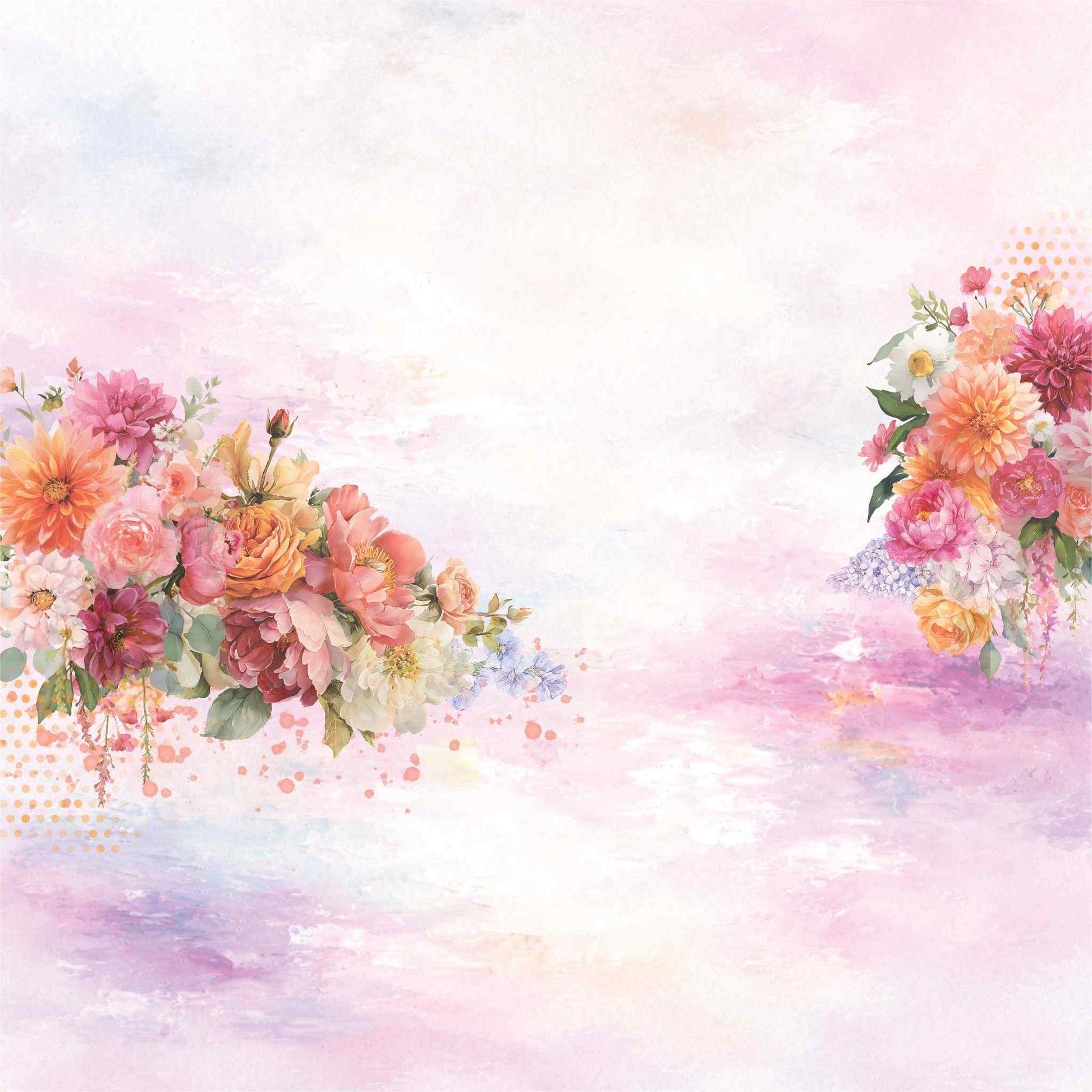Reverse side of Uniquely Creative Oh So Lovely Oh Sweetie 12x12 paper showing a soft painterly watercolour wash in blush, peach and lavender with two lush floral clusters in warm pinks, peaches, oranges and dahlias with scattered paint splatters