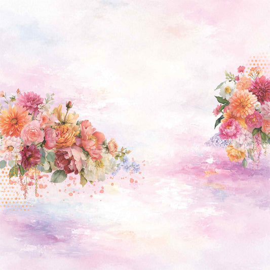 Reverse side of Uniquely Creative Oh So Lovely Oh Sweetie 12x12 paper showing a soft painterly watercolour wash in blush, peach and lavender with two lush floral clusters in warm pinks, peaches, oranges and dahlias with scattered paint splatters