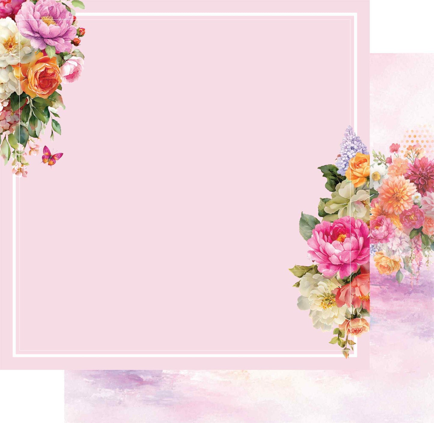 Uniquely Creative Oh So Lovely Oh Sweetie 12x12 paper stack showing bold pink corner floral frame front and a glimpse of the painterly watercolour floral reverse