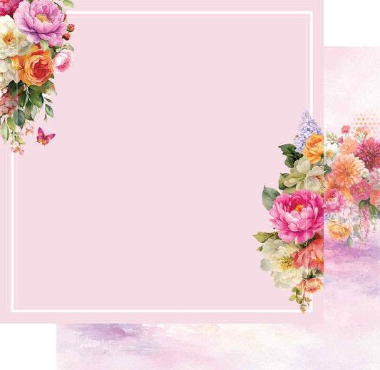 Uniquely Creative Oh So Lovely Oh Sweetie 12x12 paper stack showing bold pink corner floral frame front and a glimpse of the painterly watercolour floral reverse