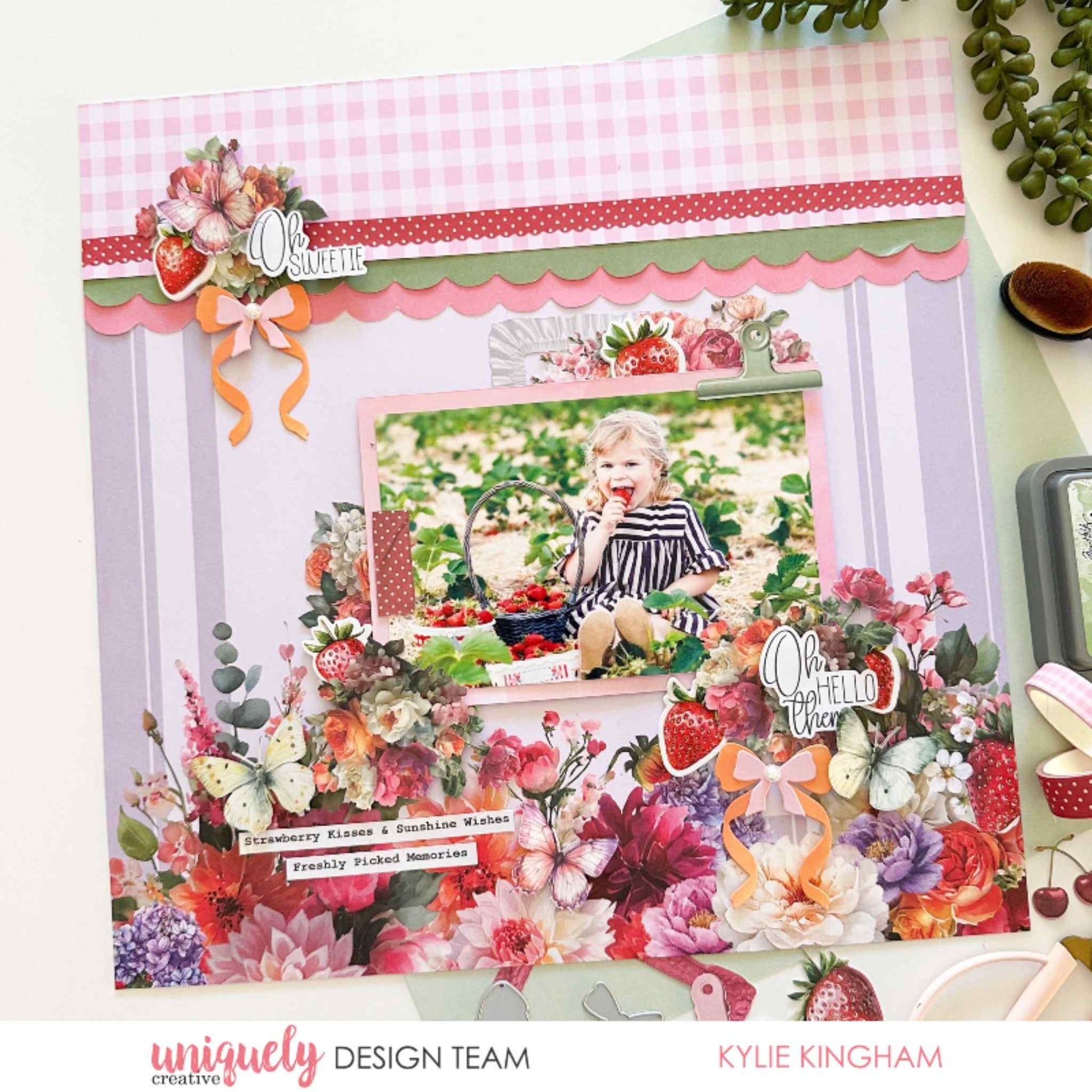 Scrapbook layout using Uniquely Creative Oh So Lovely collection featuring layered floral papers, strawberry embellishments, scallop border and Oh Sweetie sentiment with a child's photo by Kylie Kingham