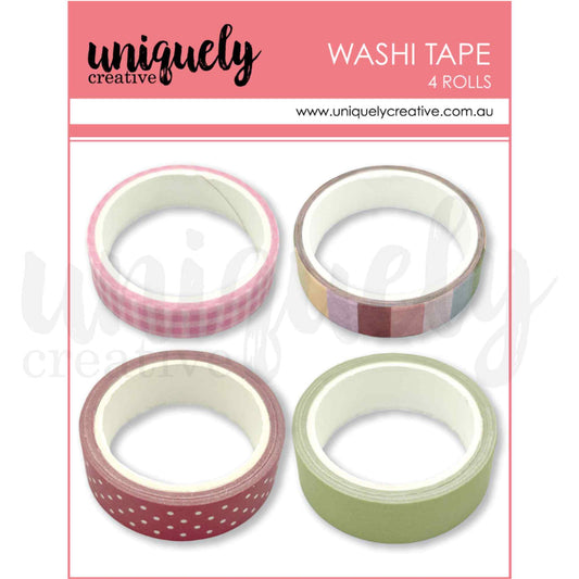 Uniquely Creative Oh So Lovely Washi Tape Combo showing 4 rolls including pink gingham, multicolour block stripe, sage scallop edge and red polka dot scallop edge washi tapes