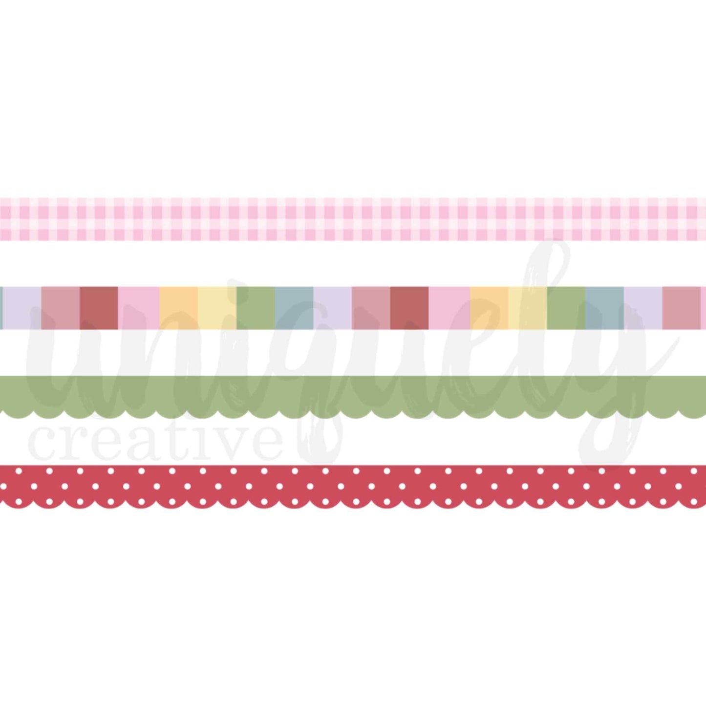 Uniquely Creative Oh So Lovely Washi Tape Combo flat lay showing all 4 tape designs as strips: pink gingham, multicolour block stripe, sage scallop edge and red polka dot scallop edge
