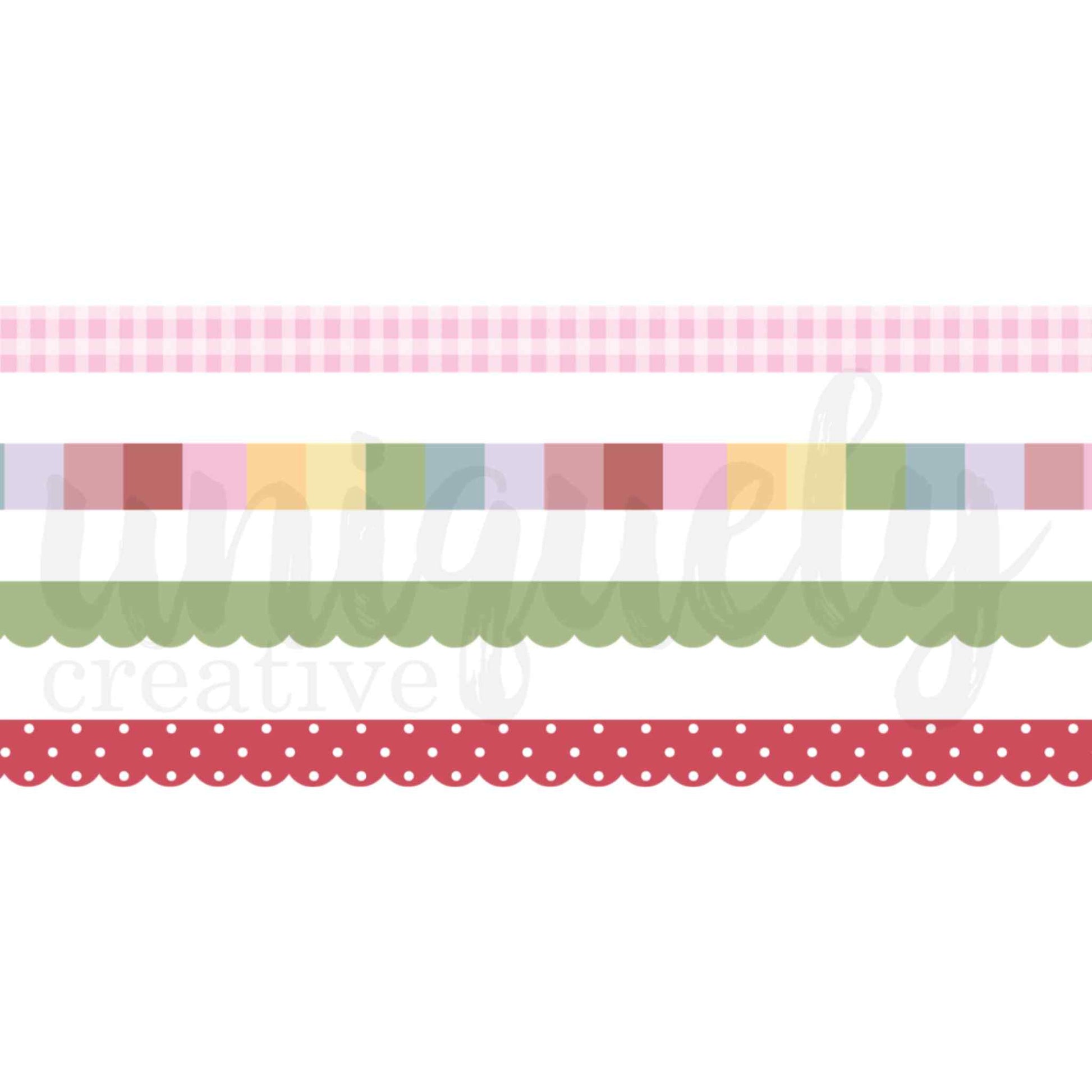 Uniquely Creative Oh So Lovely Washi Tape Combo flat lay showing all 4 tape designs as strips: pink gingham, multicolour block stripe, sage scallop edge and red polka dot scallop edge