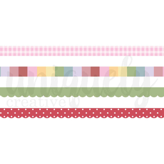 Uniquely Creative Oh So Lovely Washi Tape Combo flat lay showing all 4 tape designs as strips: pink gingham, multicolour block stripe, sage scallop edge and red polka dot scallop edge