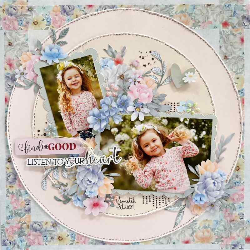 Floral scrapbook layout with two colour portraits, scalloped photo layers and large stitched circular backgrounds