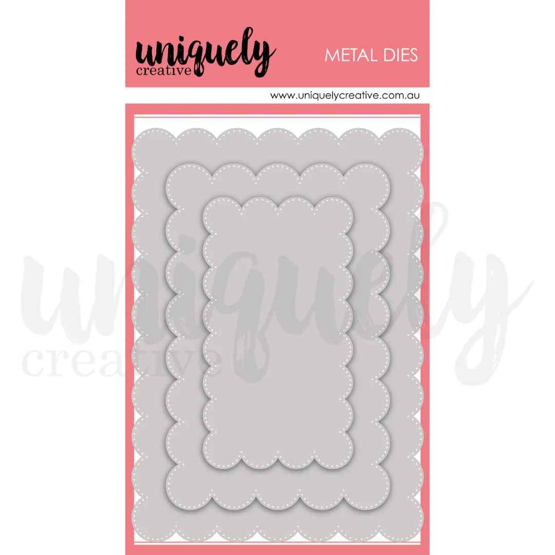 Uniquely Creative set of three oversized scalloped nesting rectangle metal dies with dotted border detail