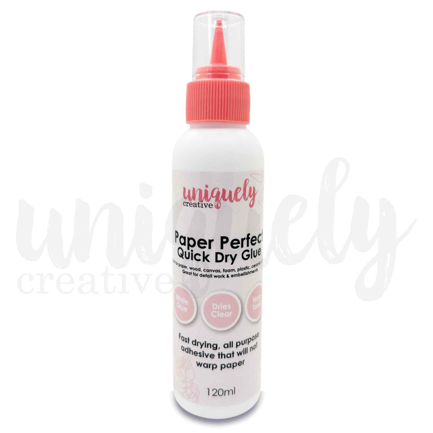 Uniquely Creative Paper Perfect Quick Dry Glue — 120ml white bottle with pink precision fine-tip nozzle, fast-drying all-purpose craft adhesive that dries clear