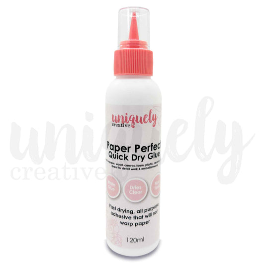 Uniquely Creative Paper Perfect Quick Dry Glue — 120ml white bottle with pink precision fine-tip nozzle, fast-drying all-purpose craft adhesive that dries clear