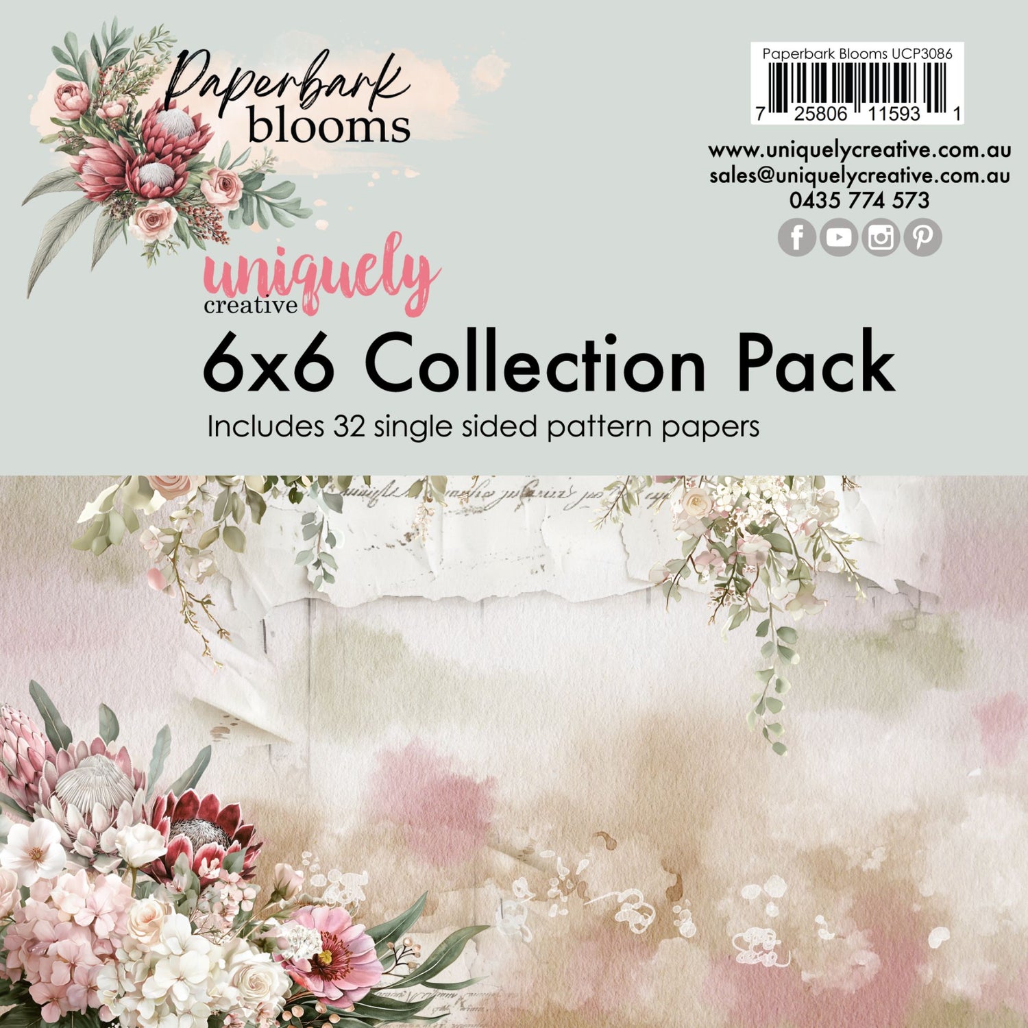 Paperbark Blooms 6x6 Collection Pack with 32 single-sided pattern papers by Uniquely Creative