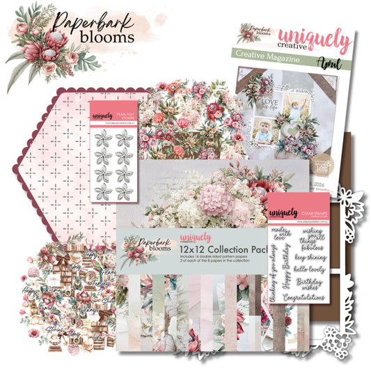 Paperbark Blooms Creative Kit contents including 12x12 papers, creative cuts, stamps and magazine by Uniquely Creative