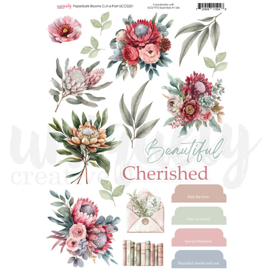 Paperbark Blooms Cut-a-Part Sheet with protea, peony, eucalyptus and sentiment elements by Uniquely Creative