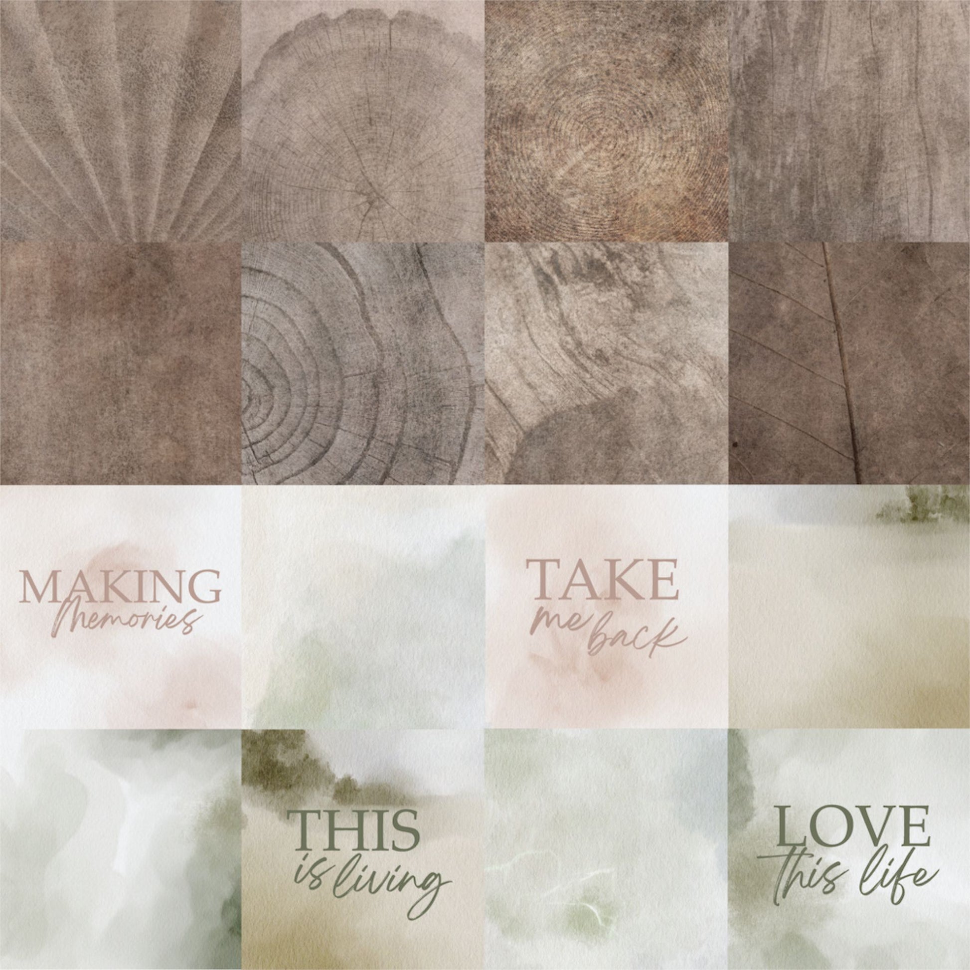 Paperbark Blooms Folded Stories 12x12 paper reverse with twelve 3 inch cut-apart squares in wood grain and watercolour word titles by Uniquely Creative