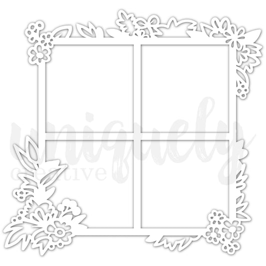 Paperbark Blooms Frame Overlay white die-cut four-pane window frame with floral corners by Uniquely Creative