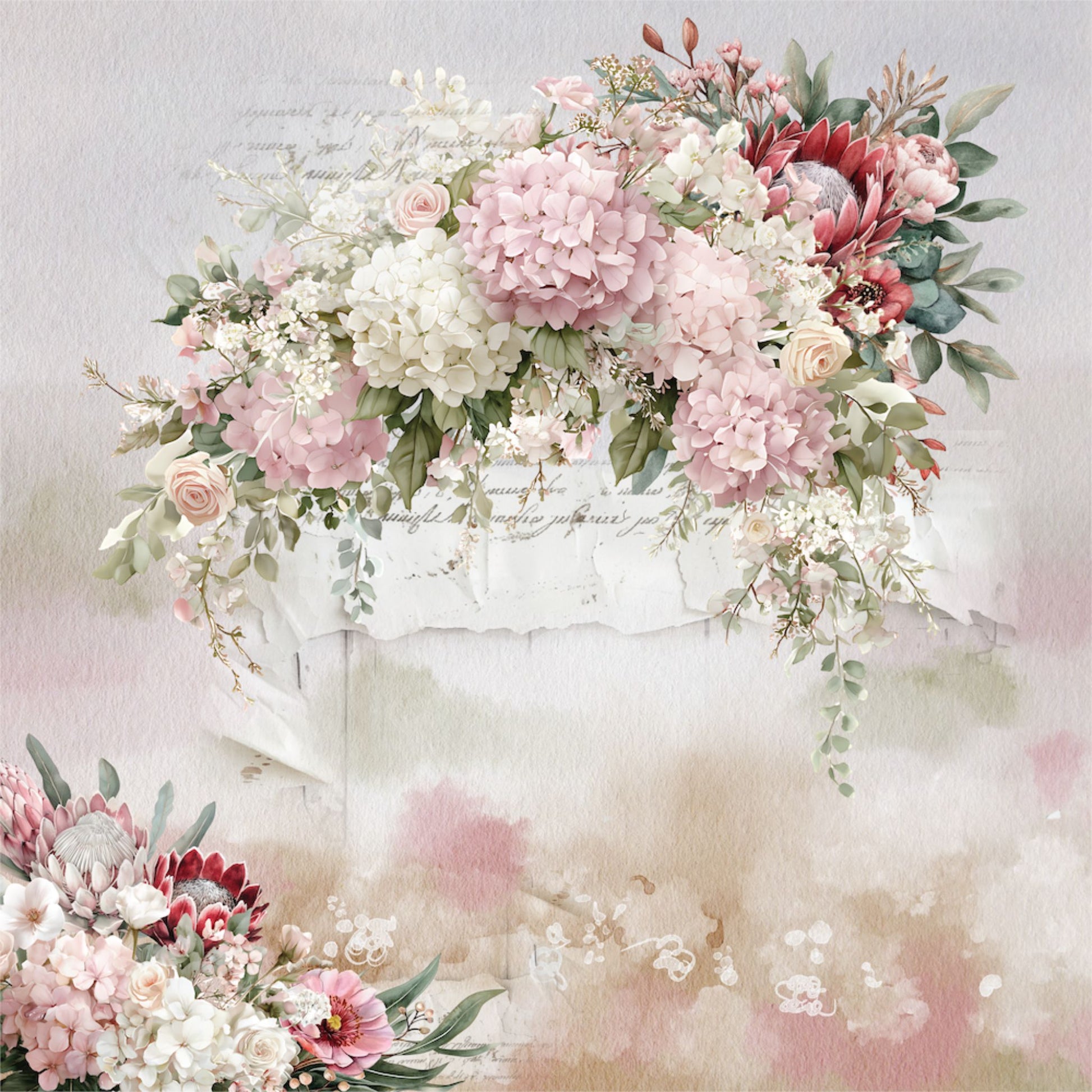 Paperbark Blooms Matilda's Garden 12x12 paper front with hydrangea, protea and rose floral arrangement by Uniquely Creative