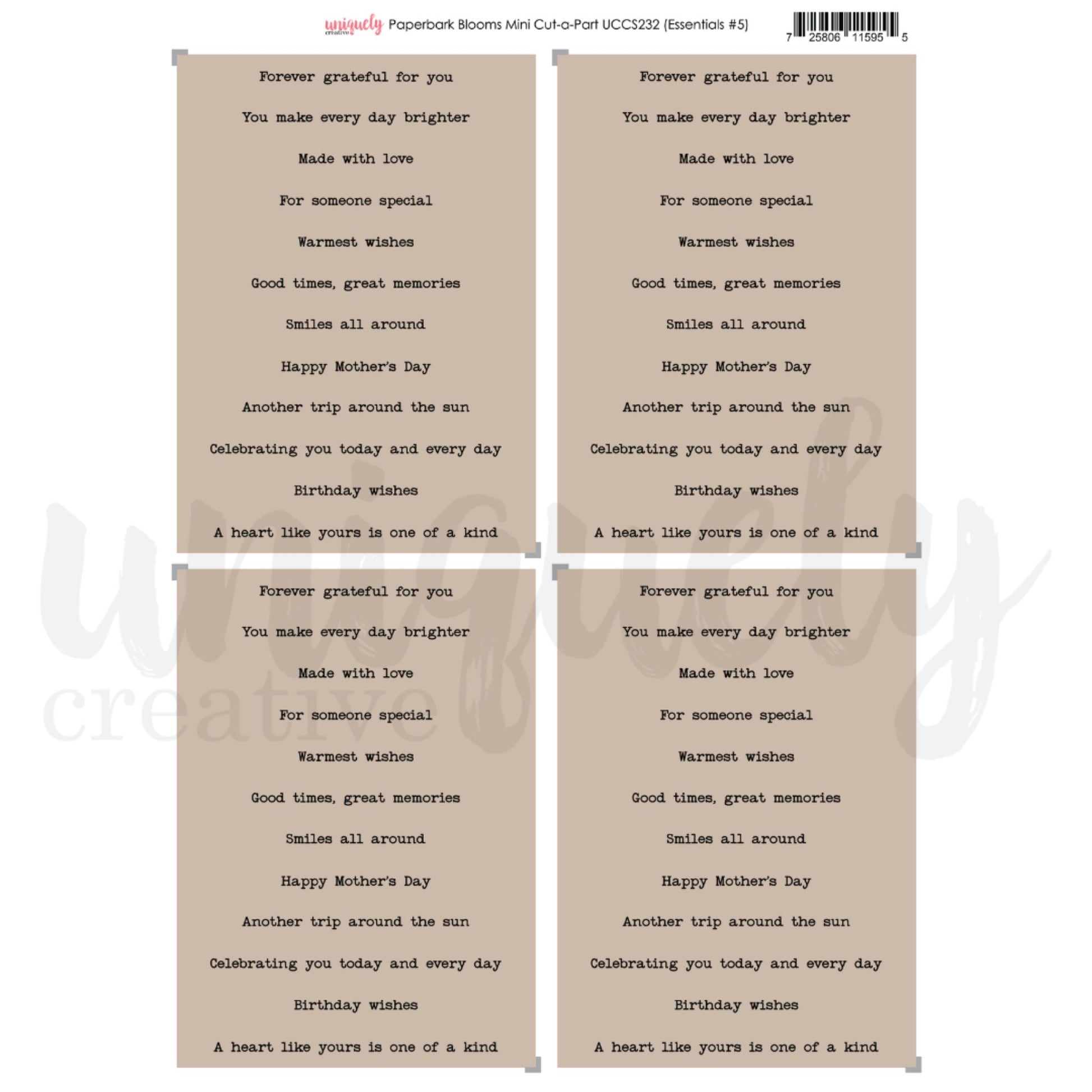 Paperbark Blooms Mini Cut-a-Part Sheet with 12 kraft sentiment phrases by Uniquely Creative 