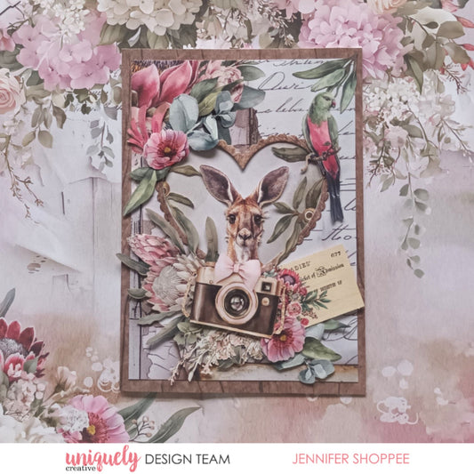 Paperbark Blooms sample card with kangaroo, Rosella, protea, magnolia and eucalyptus by Uniquely Creative