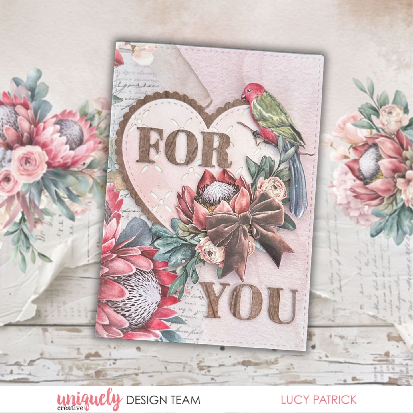 Paperbark Blooms For You card with king protea, Rosella, velvet bow and script paper by Uniquely Creative