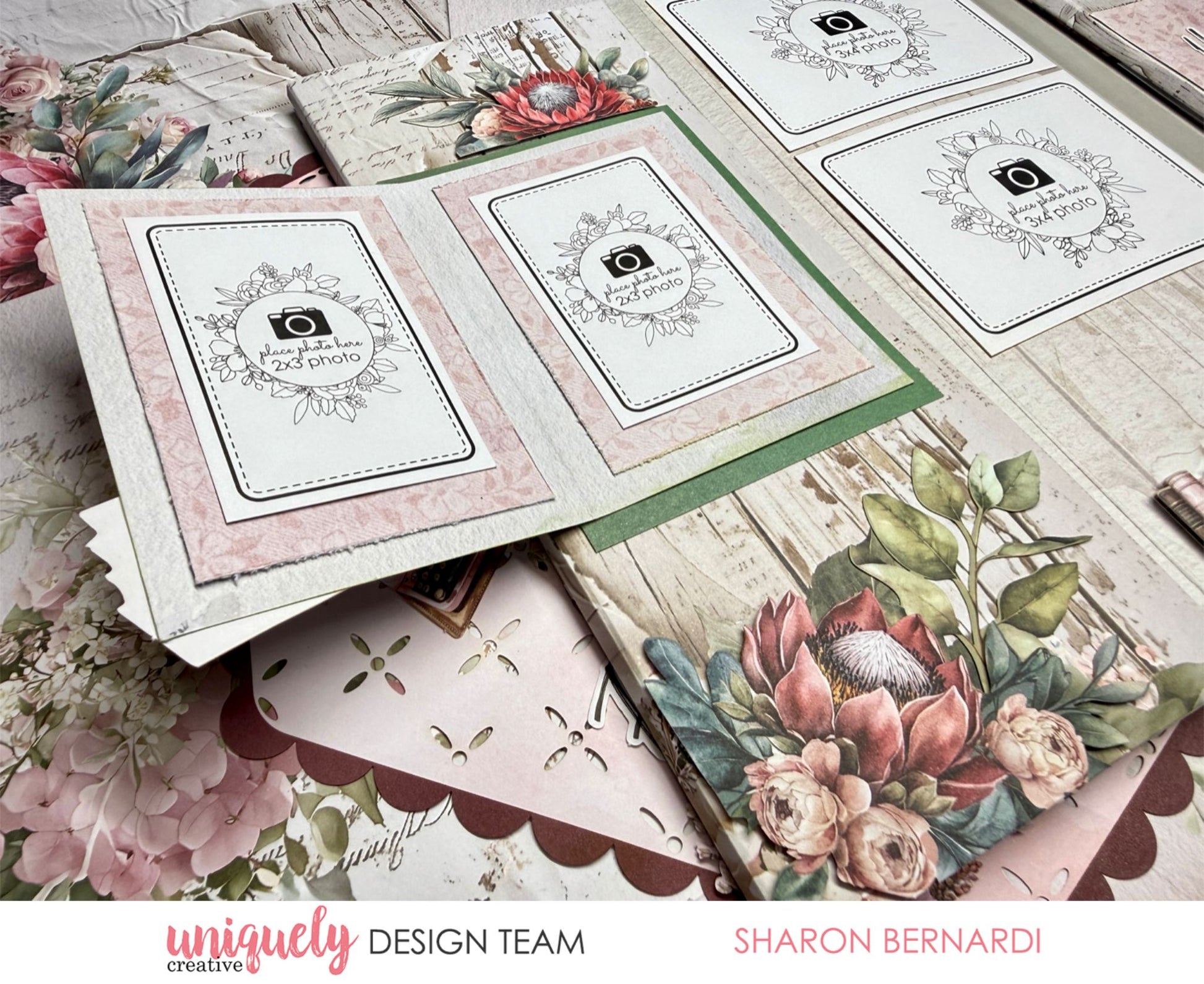 Paperbark Blooms slimline fold-out album with protea, typewriter, butterfly and photo mats by Uniquely Creative