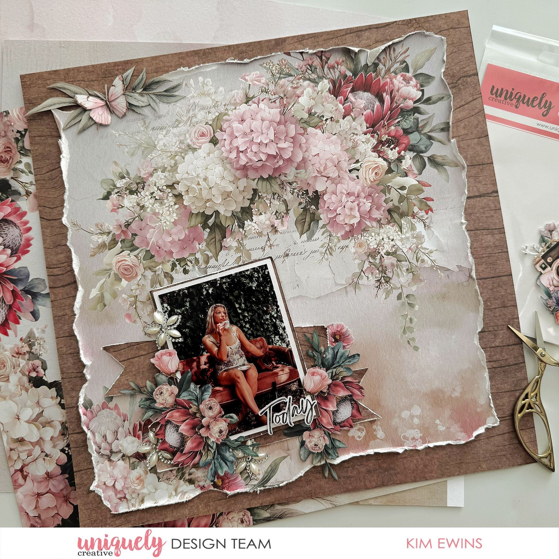 Paperbark Blooms scrapbook layout with hydrangea, protea, torn bark paper and Today title by Uniquely Creative