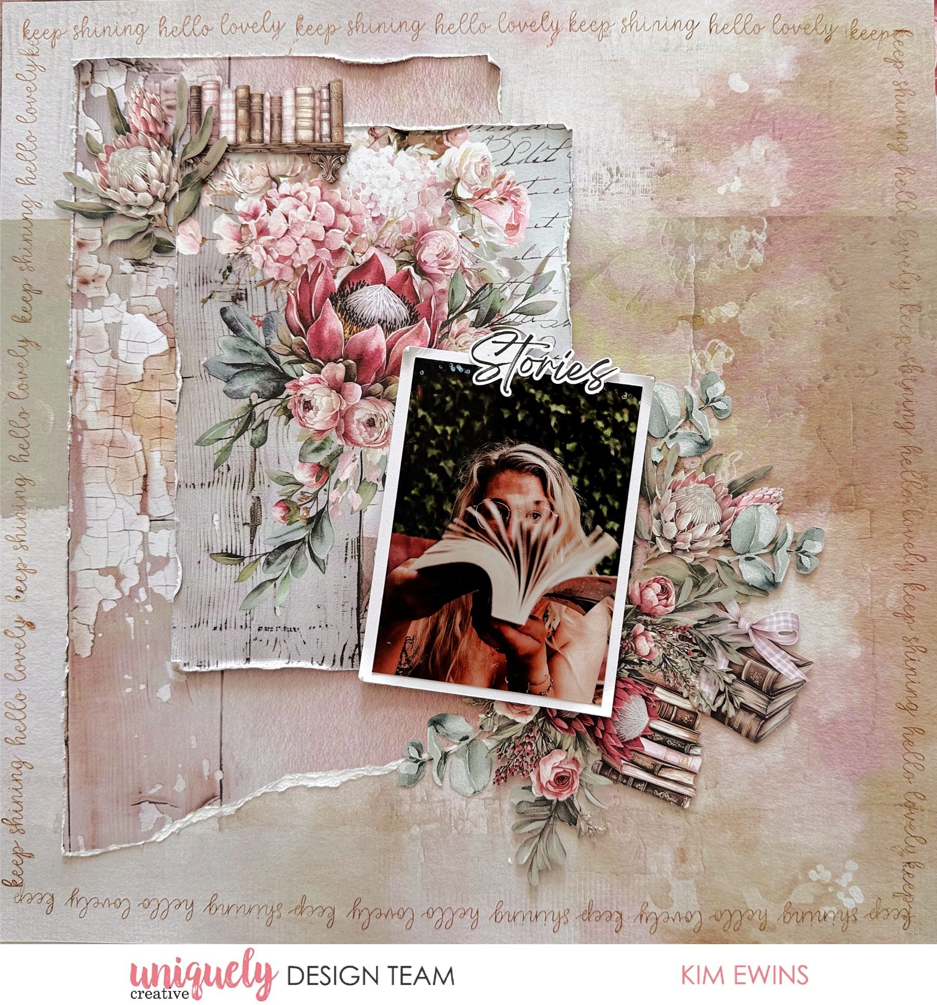 Paperbark Blooms scrapbook layout with protea, hydrangea, crackle paper and Stories title by Uniquely Creative