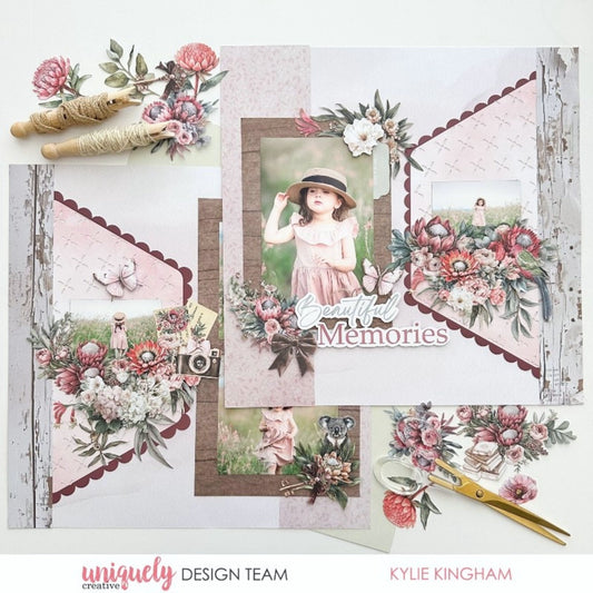 Paperbark Blooms double page scrapbook layout with protea, koala, butterfly and Beautiful Memories title by Uniquely Creative