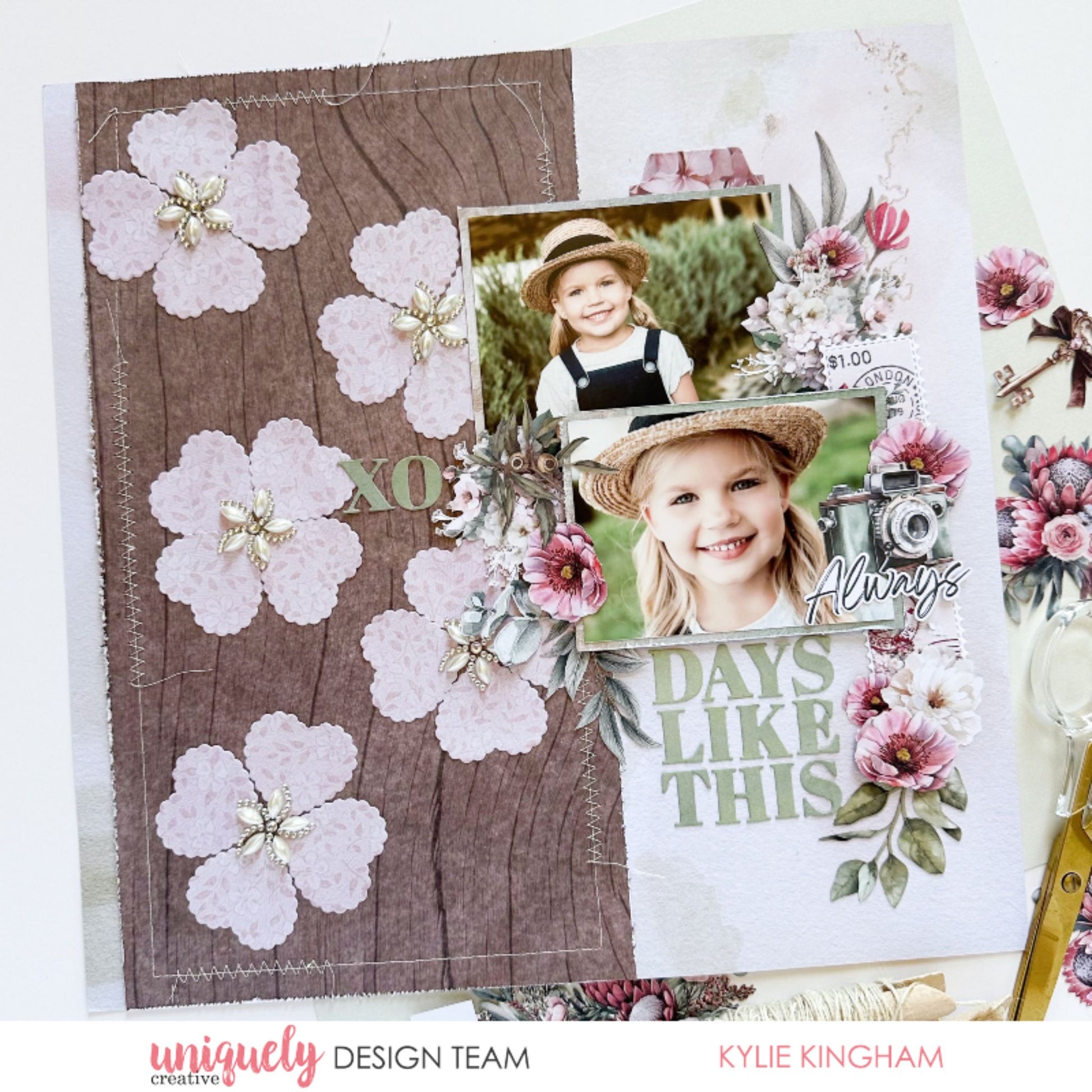 Paperbark Blooms scrapbook layout with bark texture, die-cut flowers, protea and Always Days Like This title by Uniquely Creative