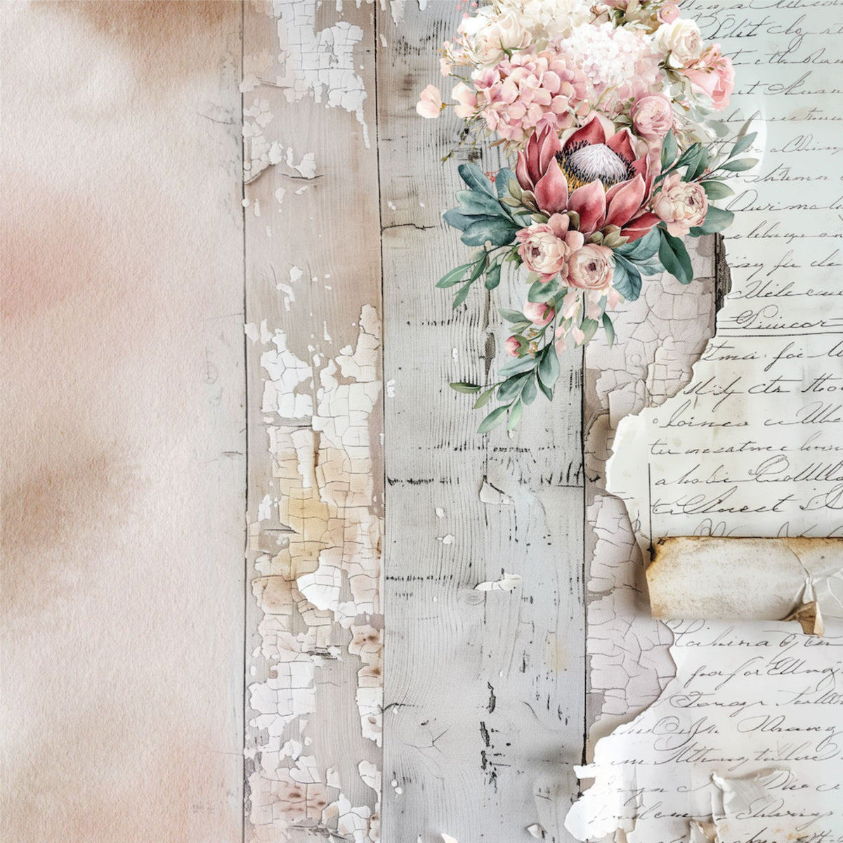 Paperbark Blooms Written Home 12x12 paper front with crackle timber, script letter and protea cluster by Uniquely Creative