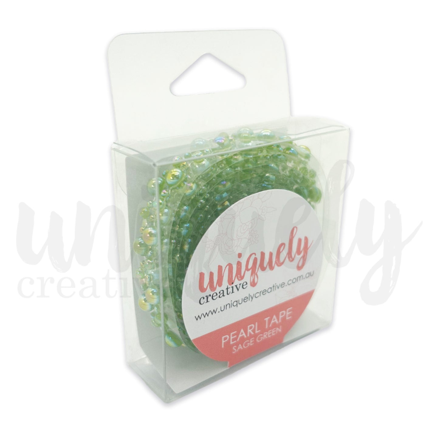 Uniquely Creative Pearl Tape in sage green showing clear retail packaging with 100cm of graduated iridescent acrylic pearl embellishments on self-adhesive strip