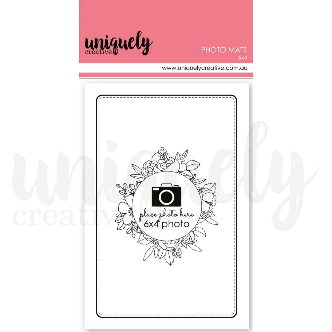 Uniquely Creative 6x4 white cardstock photo mats with a printed border and floral photo-placement guide in pink-topped packaging