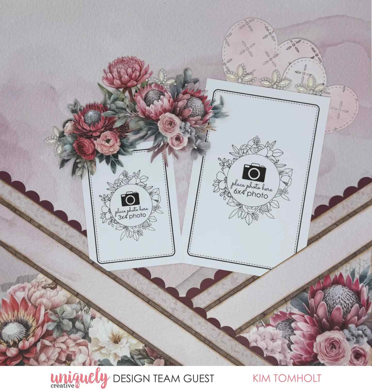 Pink floral scrapbook layout with 3x4 and 6x4 photo placeholders, proteas, roses and layered heart shapes
