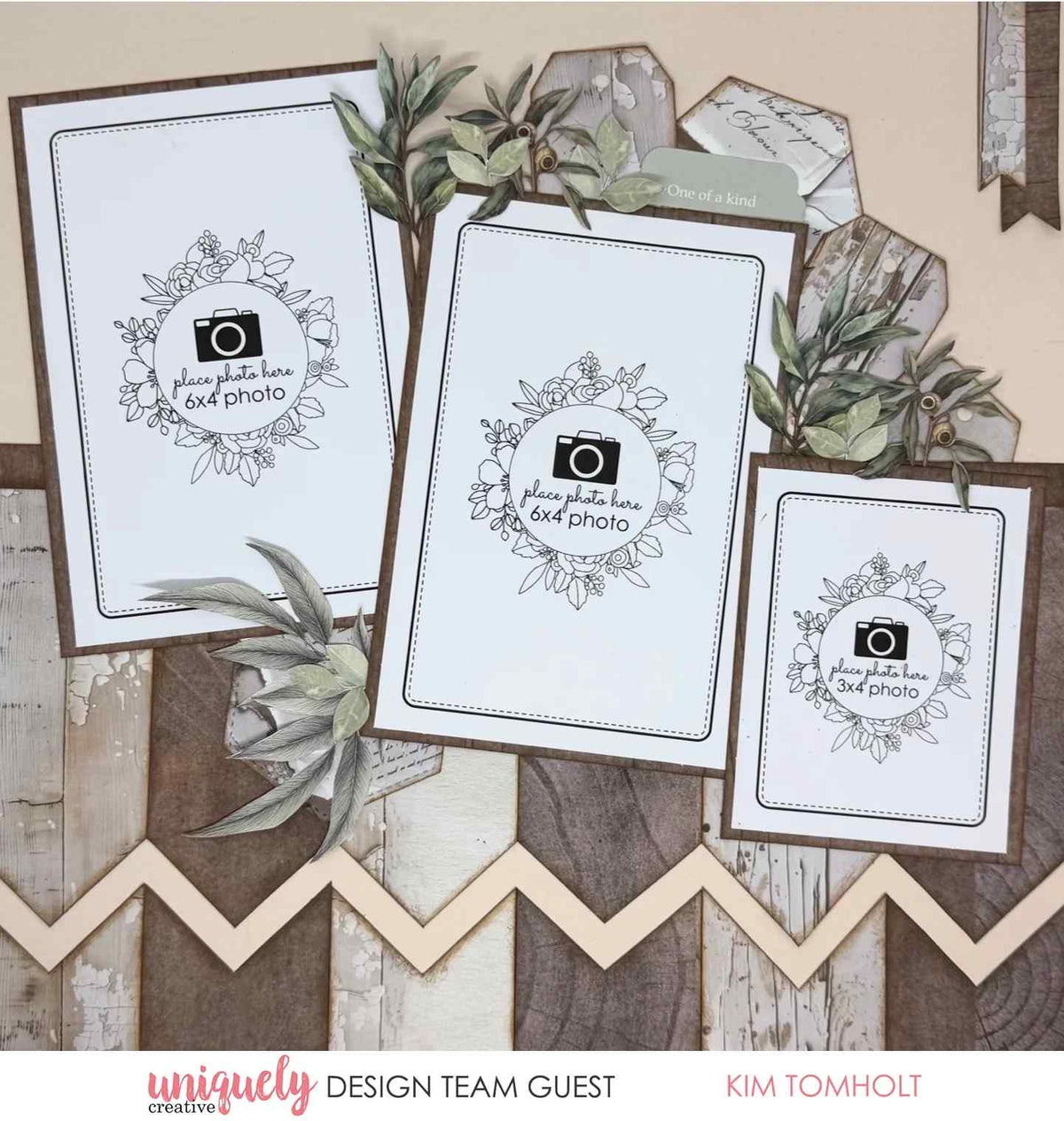 Neutral scrapbook layout with two 6x4 photo placeholders and one 3x4 placeholder, leafy clusters and woodgrain banner layers